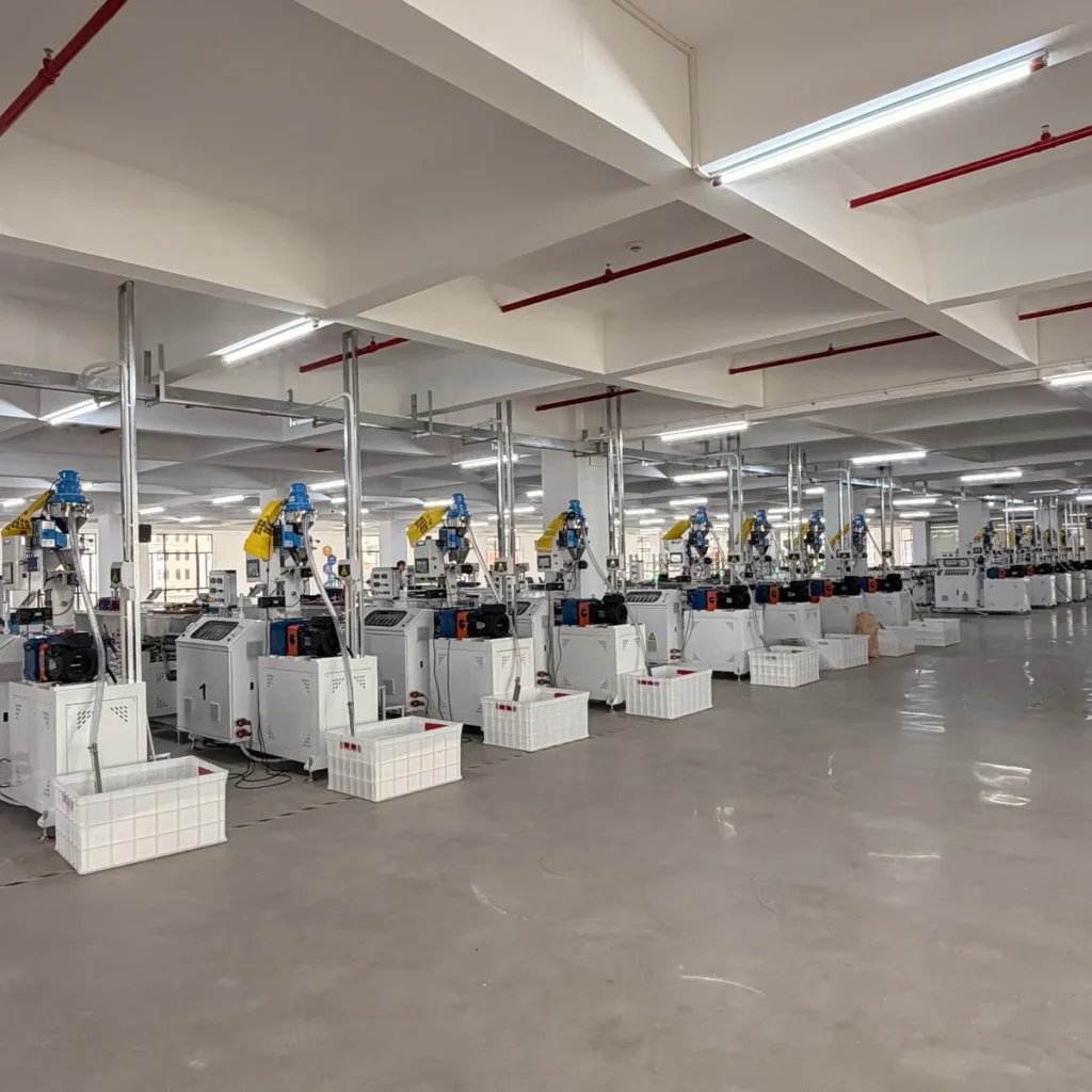 Plastic extrusion machine for manufacturing plastic pipes and profiles in a showroom scene