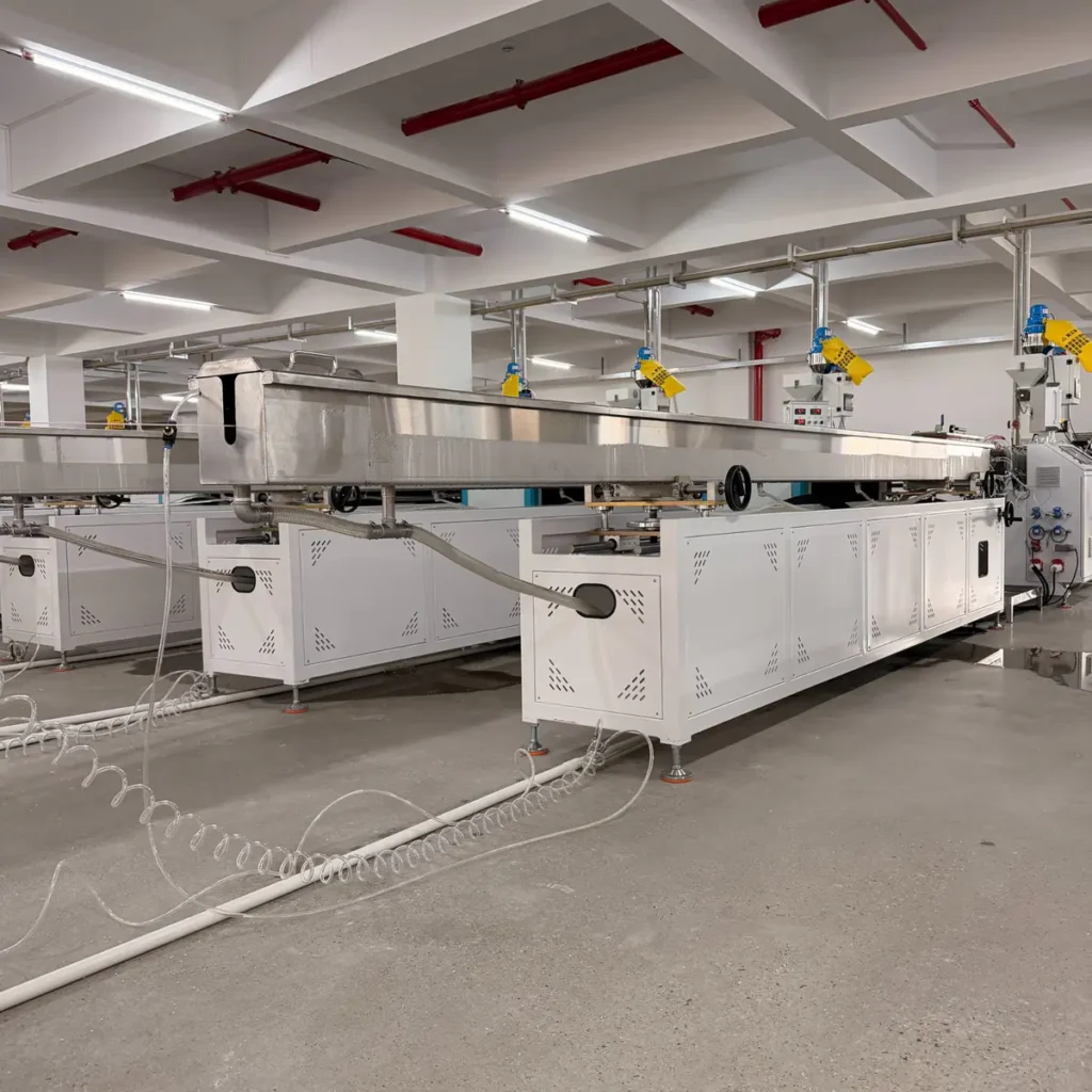 Plastic extrusion machine for pipe and profile manufacturing in showroom scene