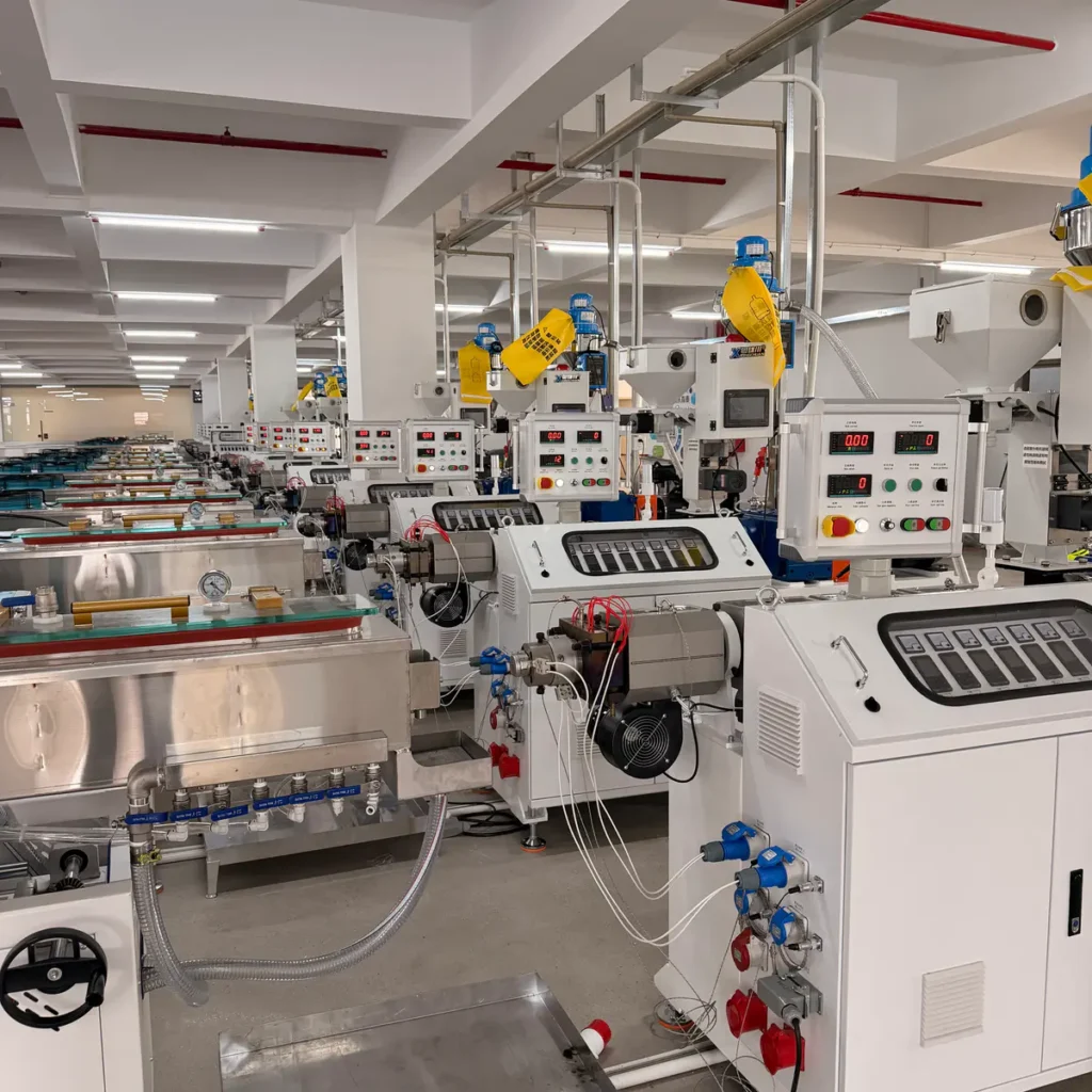 Plastic extrusion machine in showroom for pipe and profile manufacturing