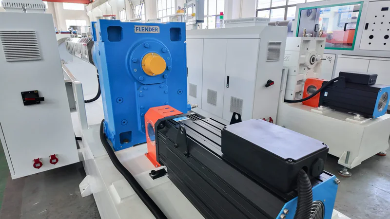 Plastic extrusion machine for plastic pipe and profile production in showroom scene