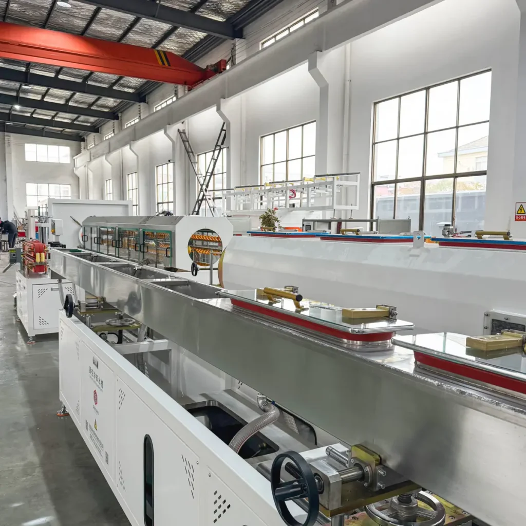 Plastic extrusion machine for plastic pipe and profile production in showroom scene