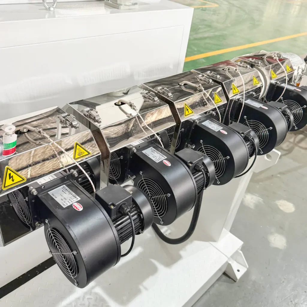 Plastic extrusion machine in showroom for pipe and profile manufacturing