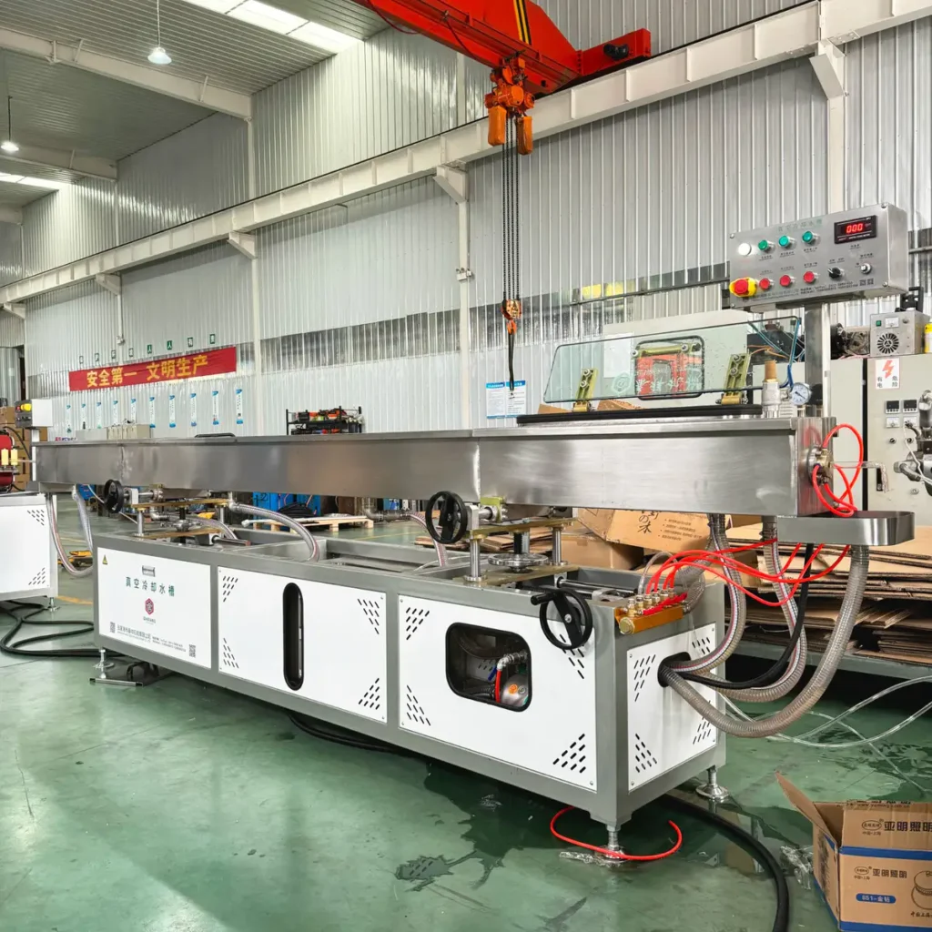 Plastic extrusion machine for manufacturing plastic pipes and profiles in a showroom scene