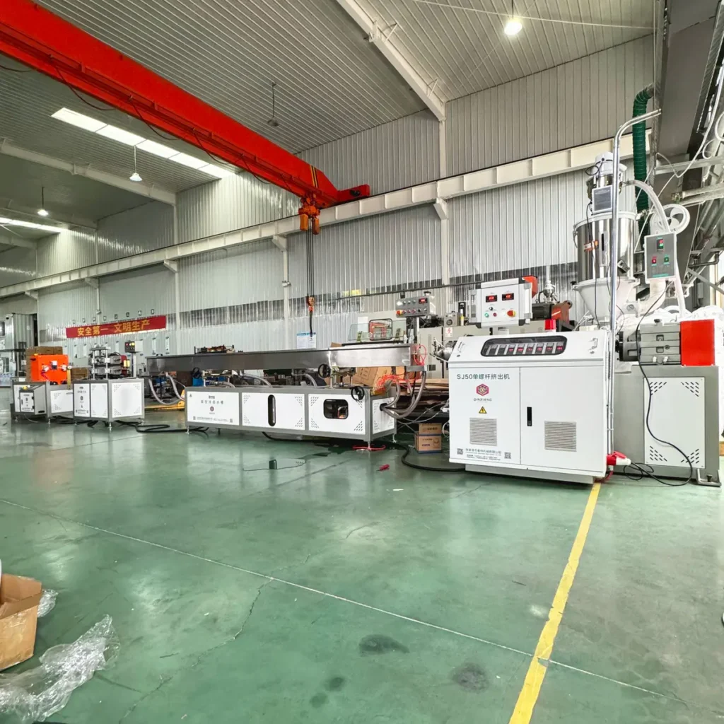 Plastic extrusion machine in showroom for pipe and profile manufacturing