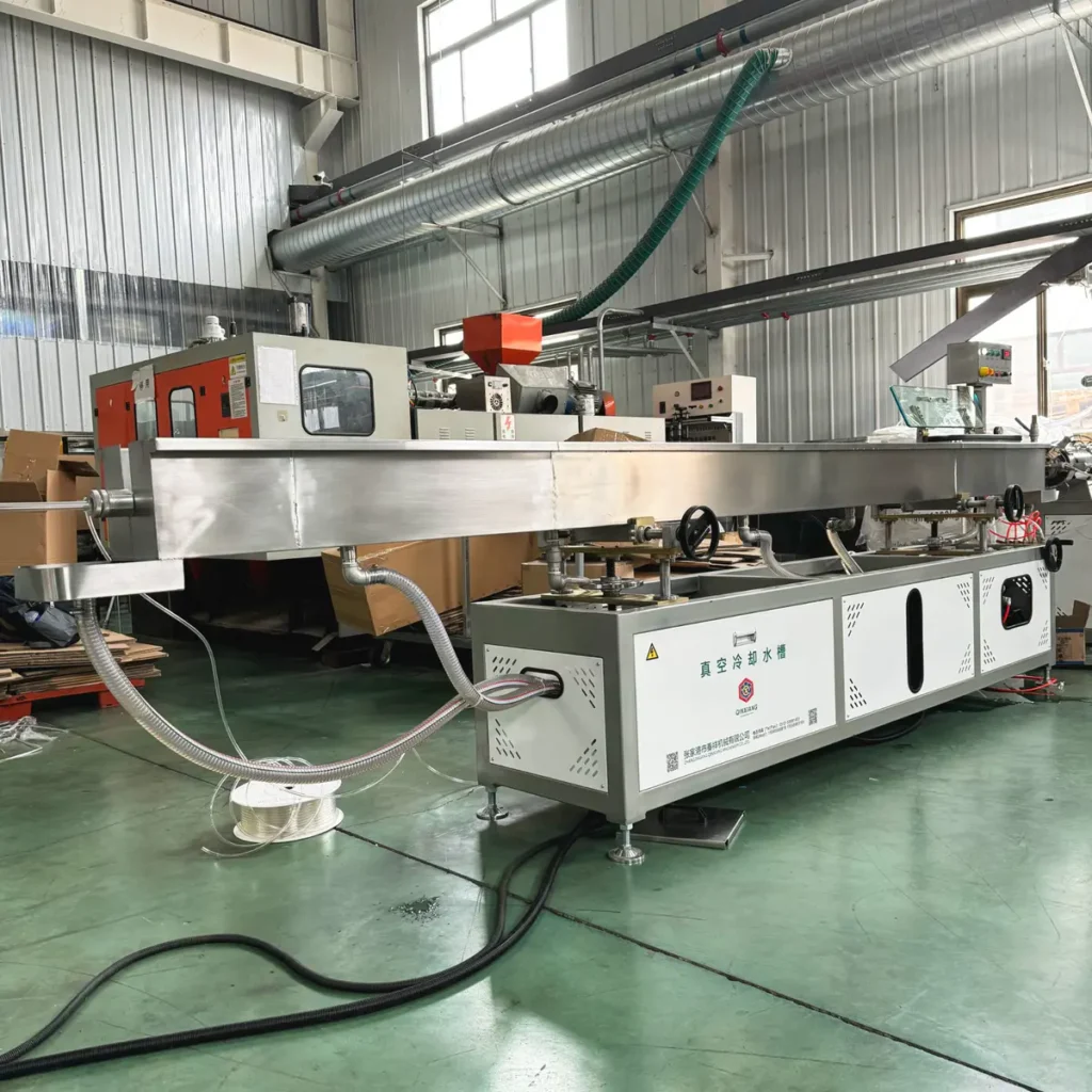 Plastic extrusion machine in showroom for pipe and profile manufacturing