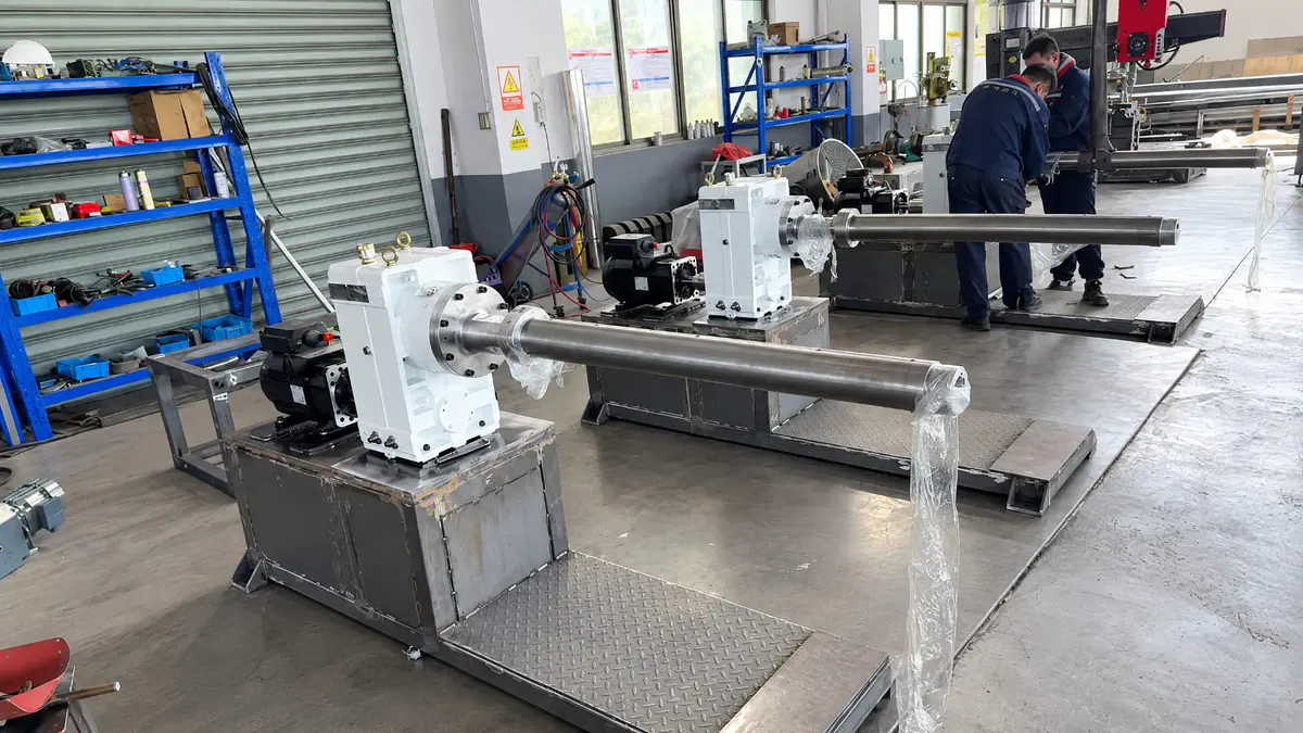 Pipe extrusion line assembly in the workshop