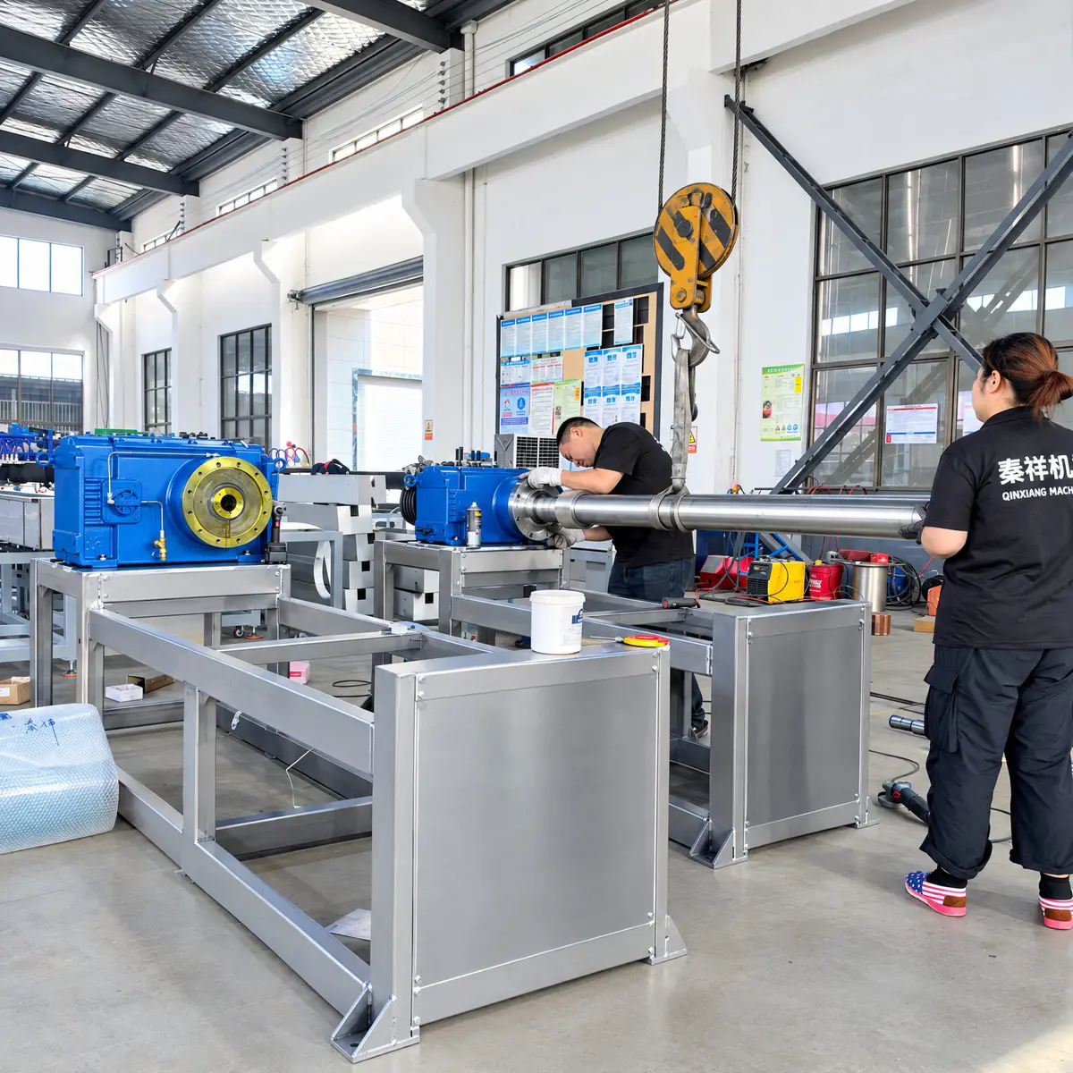 Pipe extrusion line assembly in the workshop