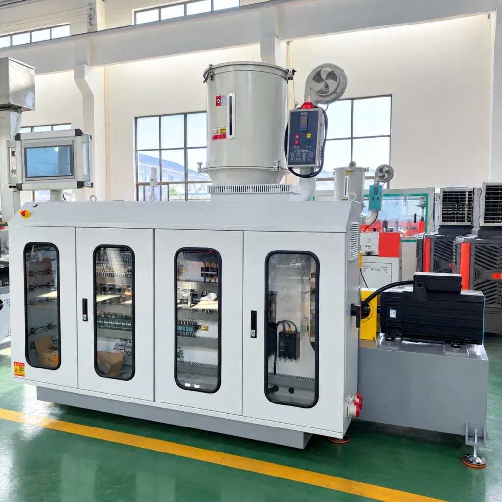Plastic extrusion machine for pipe and profile production in a catalog photo