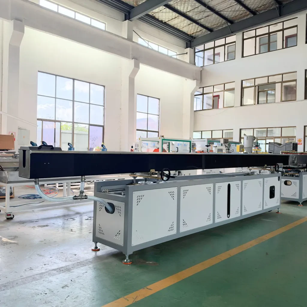 Plastic extrusion machine for plastic pipe and profile production in factory setting