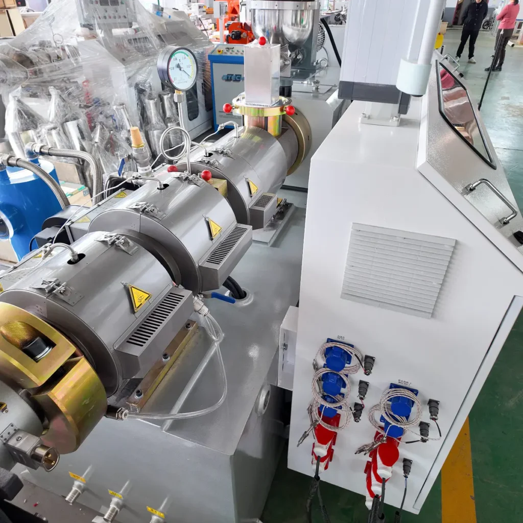 Plastic extrusion machine for plastic pipe and profile production in showroom scene