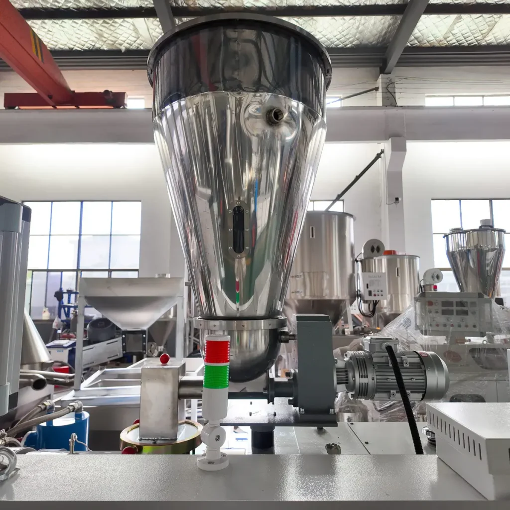 Plastic extrusion machine for pipe and profile production in showroom scene