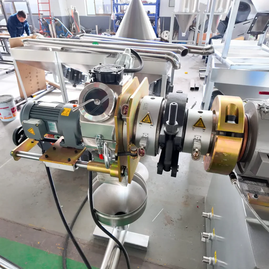 Plastic extrusion machine in showroom for pipe and profile manufacturing