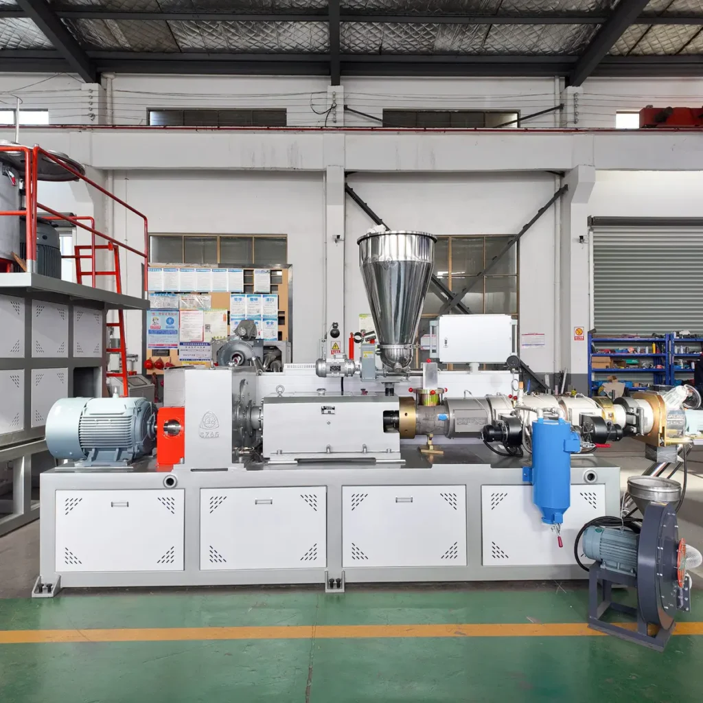 Plastic extrusion machine in showroom for pipe and profile manufacturing