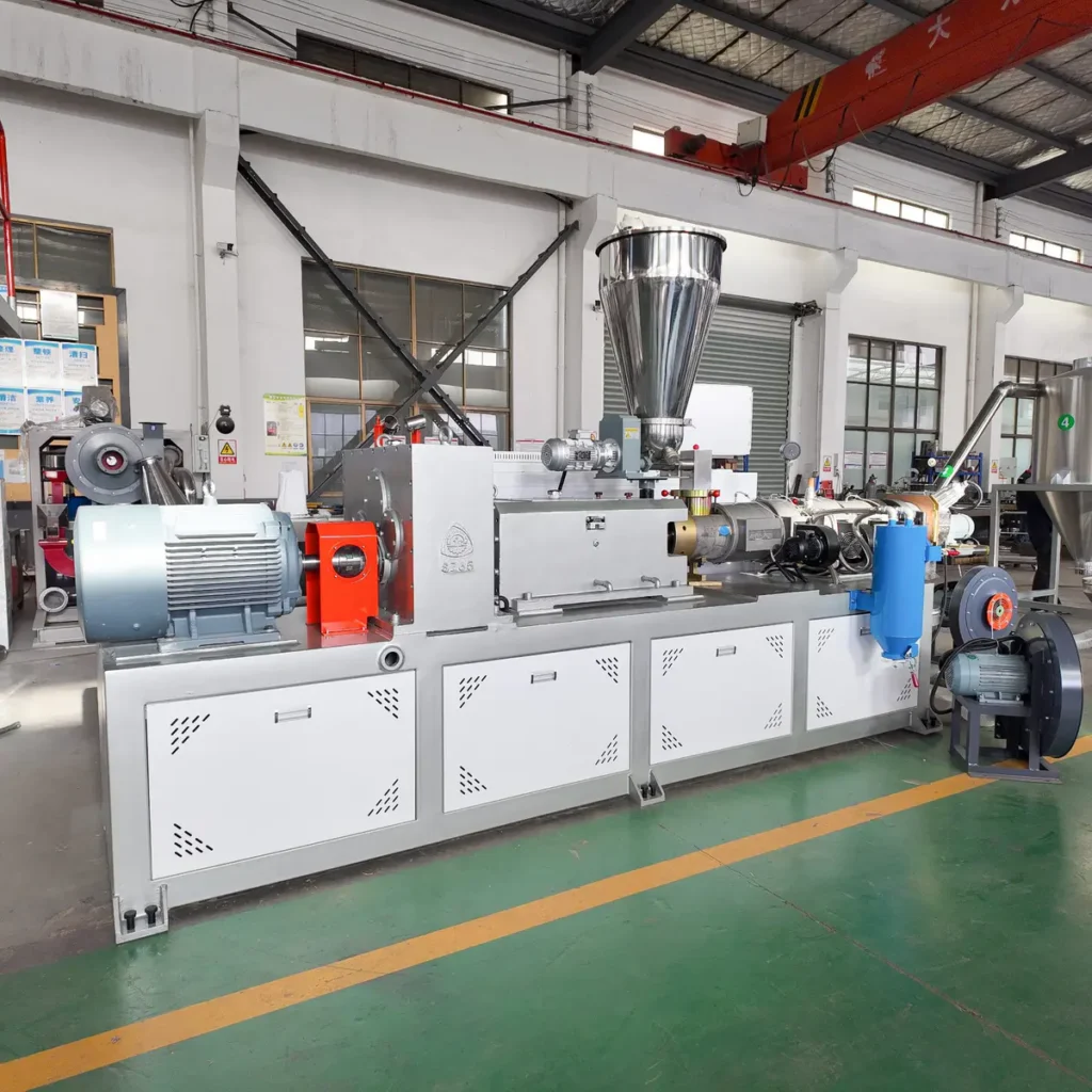 Plastic extrusion machine for manufacturing plastic pipe and profile in showroom scene