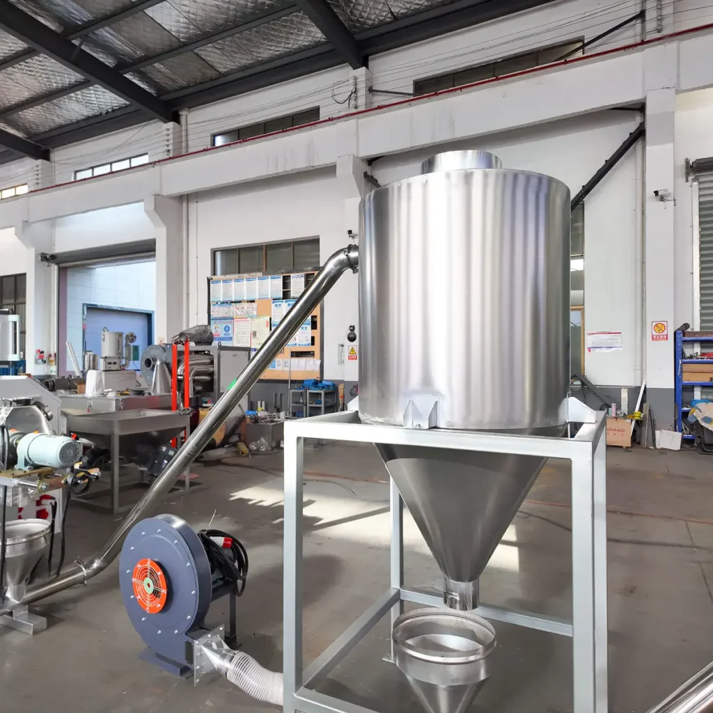 Plastic extrusion machine for manufacturing plastic pipes and profiles in a showroom scene