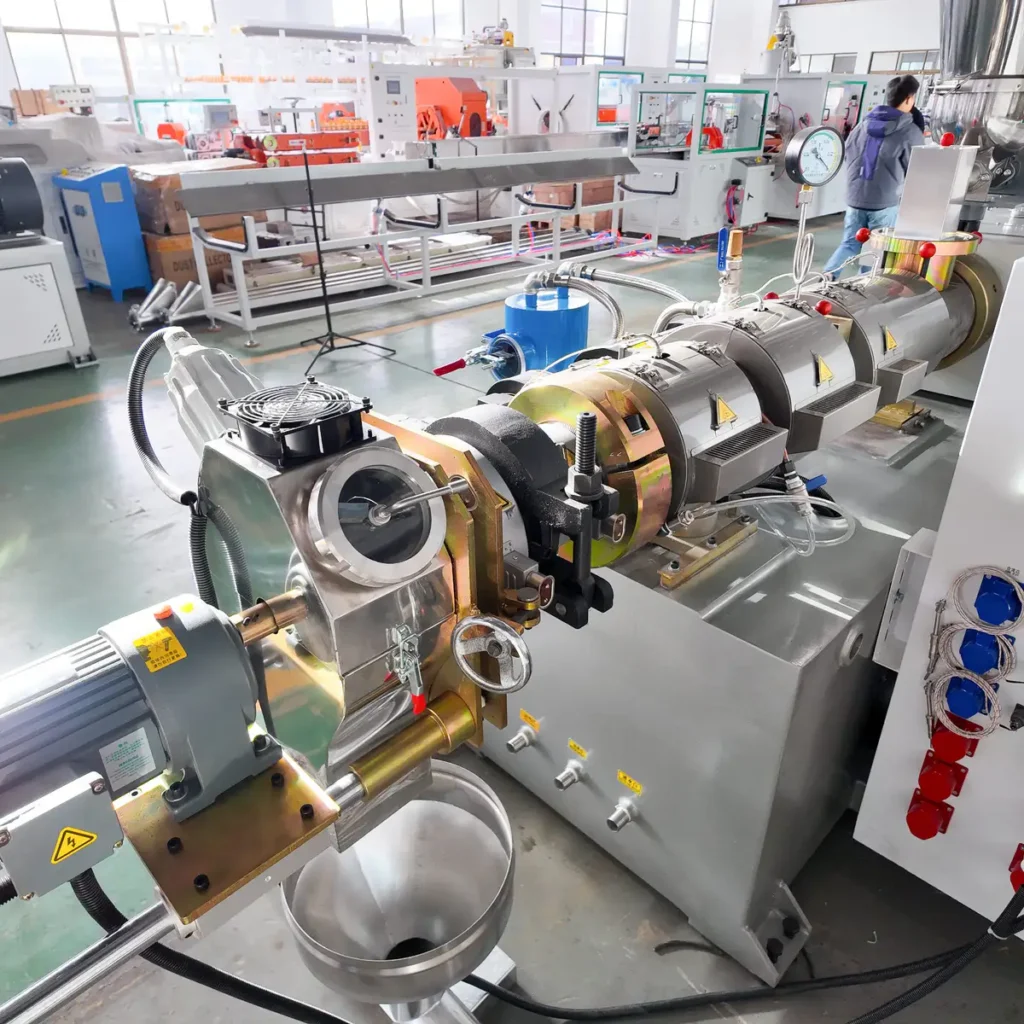 Plastic extrusion machine for plastic pipe and profile production in showroom setting