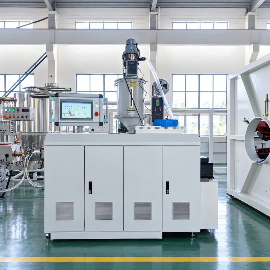 Plastic extrusion machine for manufacturing plastic pipes and profiles in a showroom setting