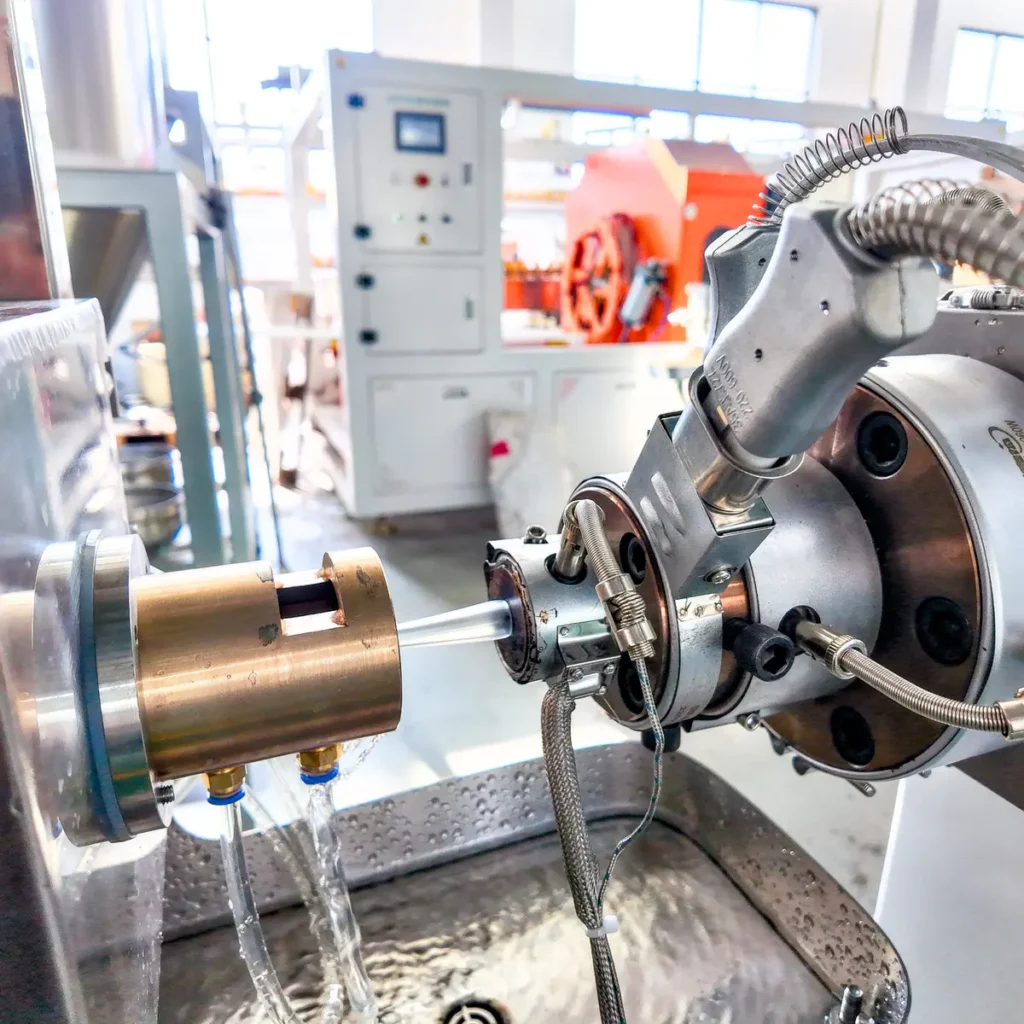 Plastic extrusion machine for manufacturing plastic pipes and profiles in a showroom scene