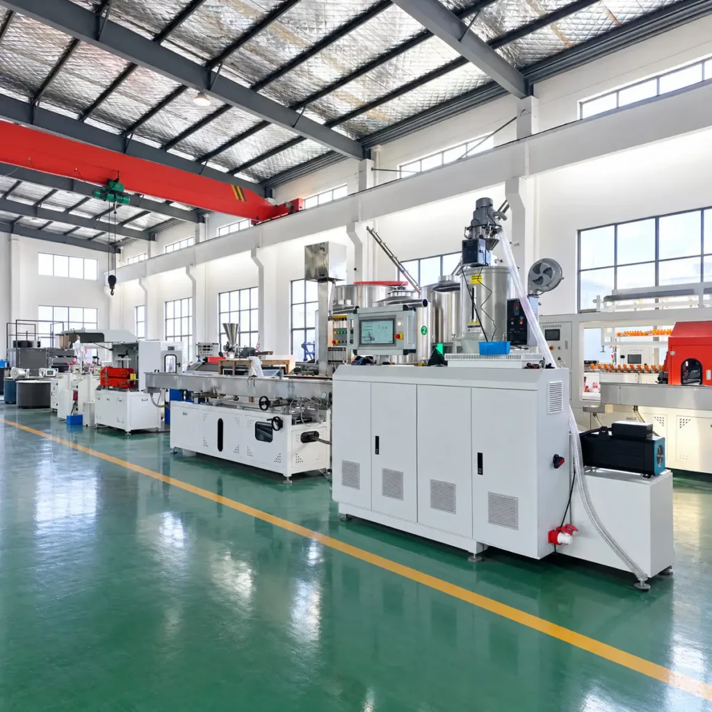 Plastic extrusion machine for pipe and profile manufacturing in factory setting
