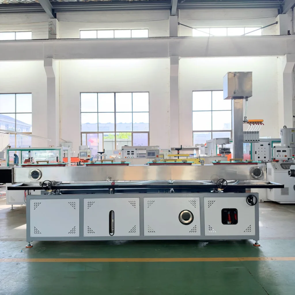 Plastic extrusion machine in showroom for pipe and profile manufacturing